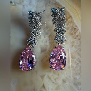 Elegant Pink Teardrop Crystal Drop Earrings - Silver Tone